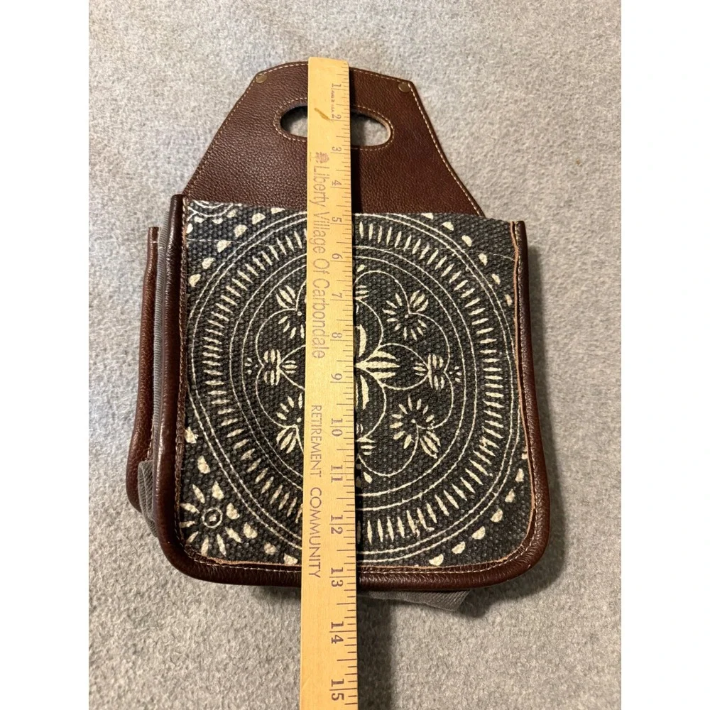Myra Bag Leather Canvas Wine Bottle Beer Caddy Mandala Print Brown Grey S-1296